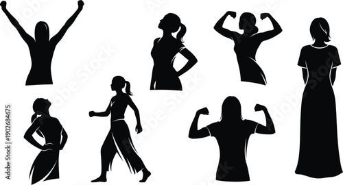 Black silhouettes of women in various poses woman female