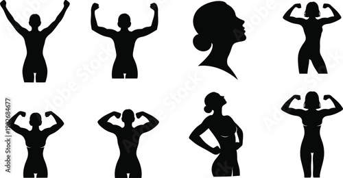 Silhouettes of muscular women flexing and posing woman