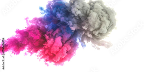 Explosion of vibrant pink, blue, and grey ink clouds swirling and mixing in water against a white background, abstract dynamic motion illustration