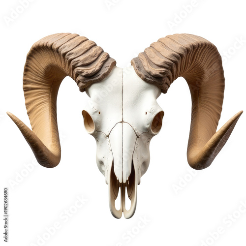 A detailed image of a ram's skull with large horns on a white background, suitable for use in various contexts such as hunting or nature-themed designs