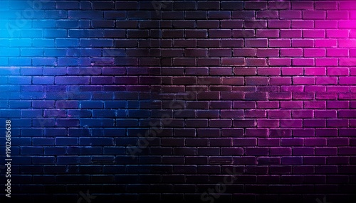 Black Brick Wall Background With Neon Lighting Effect Pink Purple And Blue Glowing Lights On Empty Brick Wall Background