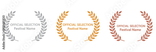 Film movie award vector set, laurel festival winner wreath, best cinema star icon, gold logo, celebrity prize, academy entertainment, reward emblem, olive palm
