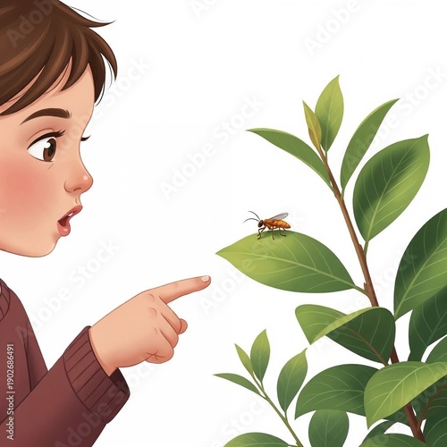 Child with surprised mood pointing at insect on green leaf illustration on white background
