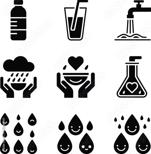Collection of icons related to water, health, and conservation, including rain, hands, and drinks