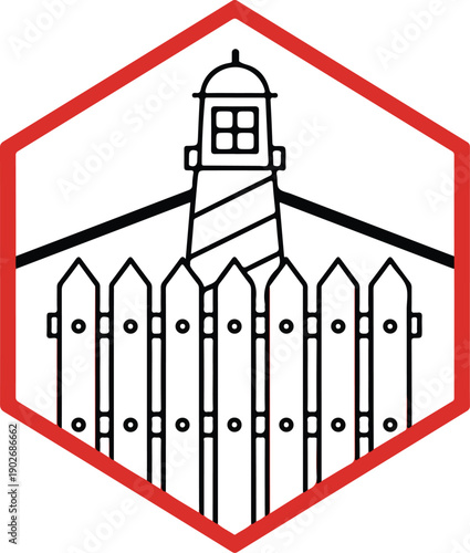 Minimalist lighthouse with a picket fence inside a vibrant red hexagonal frame