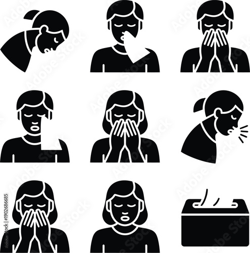 Collection of Icons Illustrating Symptoms of Illness and Allergies, Including Coughing, Sneezing and Using Tissues