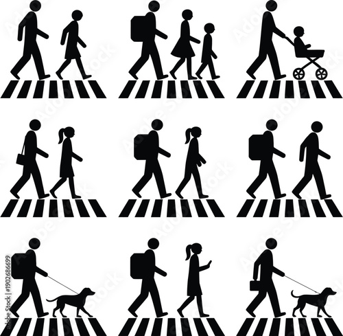 Pedestrian crossing signs showing people walking and people with dogs and strollers