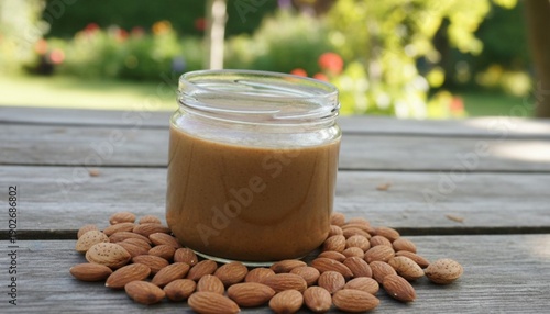 Amlou, Moroccan product, on a wooden table in outside.
