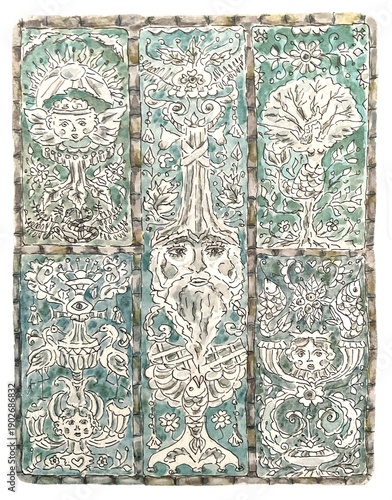 Antique mythological decor, watercolor illustration