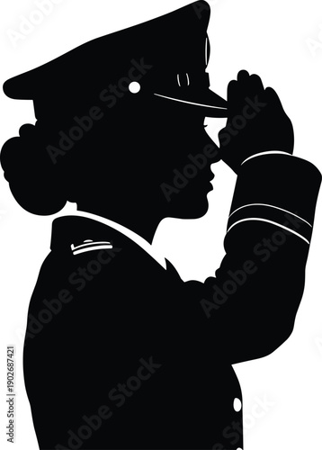 Female officer silhouette vector illustration in military uniform saluting with hat and bun hairstyle isolated on white background for patriotic and service designs.