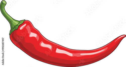 Fresh red chili pepper vector illustration with green stem and detailed skin texture isolated on white background for spicy food, culinary arts, and Mexican cuisine designs.