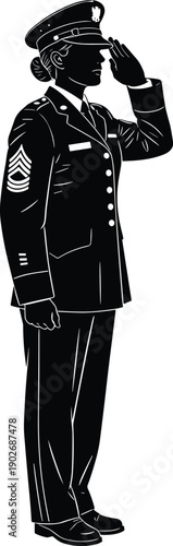 Full length silhouette vector illustration of a female soldier in formal military dress uniform saluting isolated on white background for veterans day and patriotic service designs.