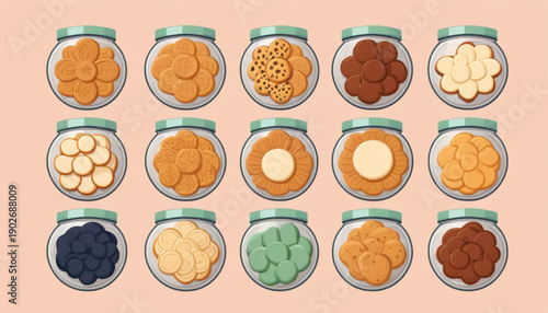  flat illustration of six different Indonesian Lebaran cookies inside clear round jars, arranged neatly