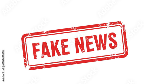 A red rubber stamp with the words fake news