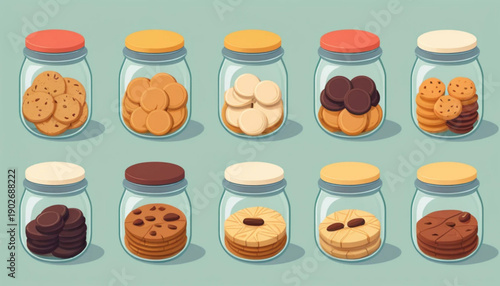  flat illustration of six different Indonesian Lebaran cookies inside clear round jars, arranged neatly