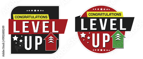 Level up labels set on white background