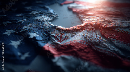 Detailed close-up of a textured map featuring the United States and Iran, with the American flag and Iranian emblem artistically integrated into the geographical landscape