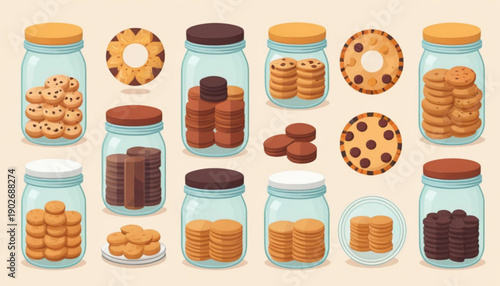  flat illustration of six different Indonesian Lebaran cookies inside clear round jars, arranged neatly