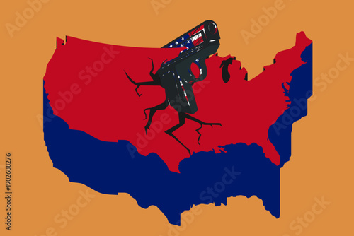 American map flag is torn by gun, symbol of division, gun violence, shooting, civil crisis in the USA. Gun Problem, political crisis, collapse, chaos of elections, division in country