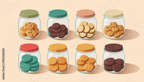  flat illustration of six different Indonesian Lebaran cookies inside clear round jars, arranged neatly