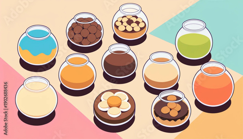  flat illustration of six different Indonesian Lebaran cookies inside clear round jars, arranged neatly