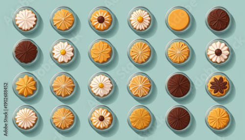  flat illustration of six different Indonesian Lebaran cookies inside clear round jars, arranged neatly