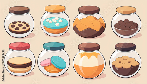  flat illustration of six different Indonesian Lebaran cookies inside clear round jars, arranged neatly