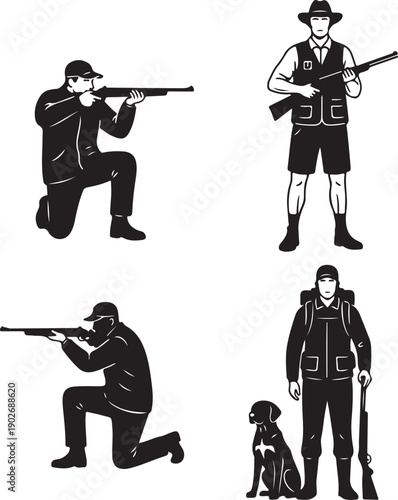 Collection of various hunter silhouettes depicting different hunting poses and gear