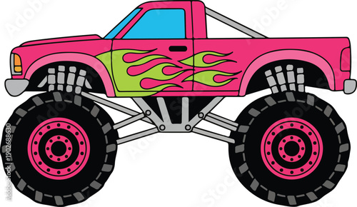 Pink monster truck with vibrant green flames and massive wheels ready for action