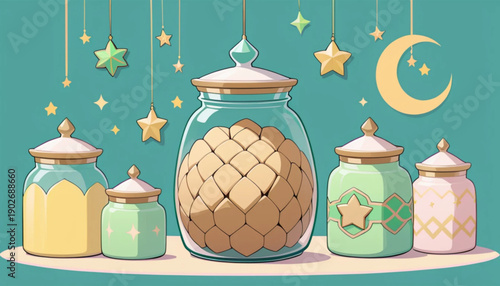 Illustration of a flat colored cookie icon in a jar 