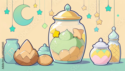 Illustration of a flat colored cookie icon in a jar 