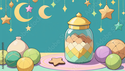 Illustration of a flat colored cookie icon in a jar 