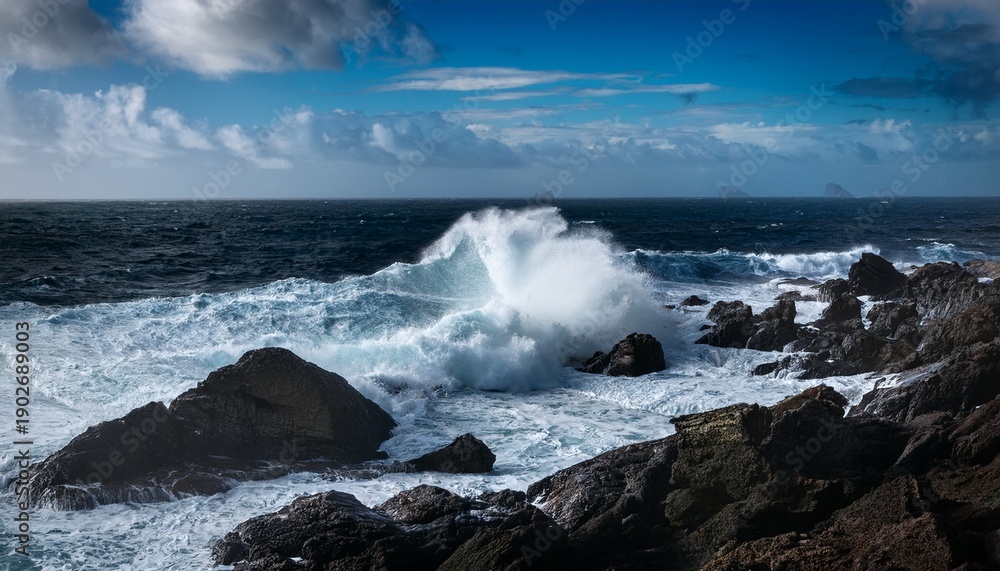Fototapeta premium Powerful Waves Crash Against Dark Coastal Rocks