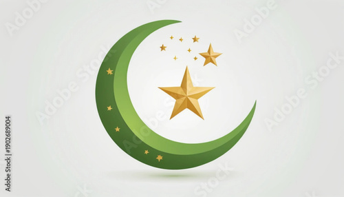 3d crescent moon and star icon, eid al fitr theme, glossy gold material, soft shadow, modern 3d illustration