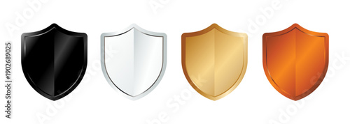 4 Glossy shields, set of vector illustrations in black, silver, gold and bronze colors