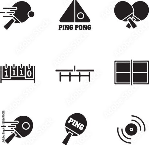 A comprehensive collection of black and white ping pong icons illustrating various game elements
