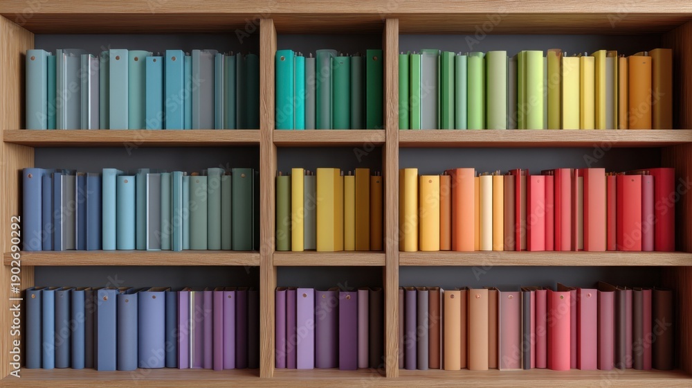 Obraz premium Colorful bookshelf with vibrant books arranged by color on wooden shelves.