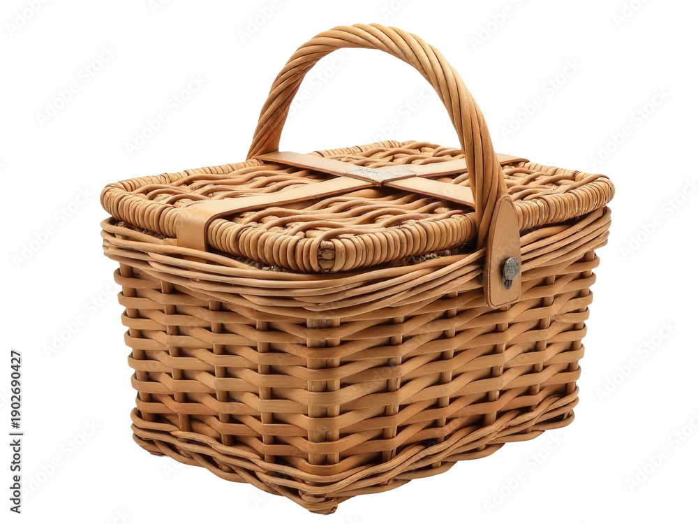 Obraz premium A simple wicker basket with a handle on a clean white background