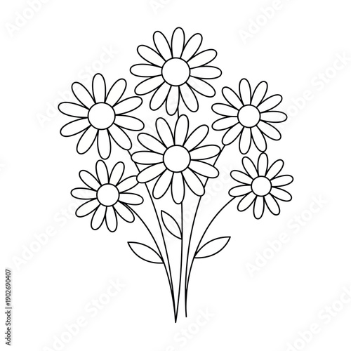 Clean line art illustration of a daisy flower bouquet, minimalist floral drawing for coloring books.