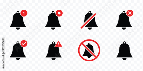 Notification Bell Icon Set with Modern UI Status Badges and Alerts. Minimalist App Notification Icons with System Alert and Mute Symbols. Bell Icon Variations of Minimalist Line Arts for Notifications
