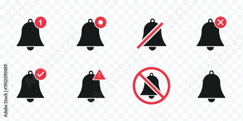 Notification Bell Icon Set with Modern UI Status Badges and Alerts. Minimalist App Notification Icons with System Alert and Mute Symbols. Bell Icon Variations of Minimalist Line Arts for Notifications