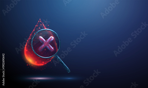 3d blood drop under magnifying glass with red cross. Abnormal test result, disease detected, failed diagnostics, health risk identification, problem detection concept.