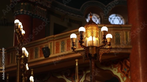 Sofia, Bulgaria - December 29, 2025: Lighting in the synagogue. Interior details. Sofia Synagogue, the largest synagogue in Southeastern Europe and the third largest in Europe. Synagogue building