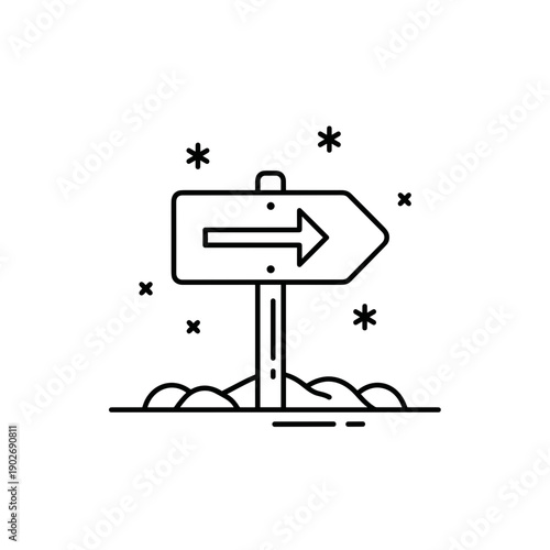 Direction sign pointing right in snowy landscape for winter marathon race  