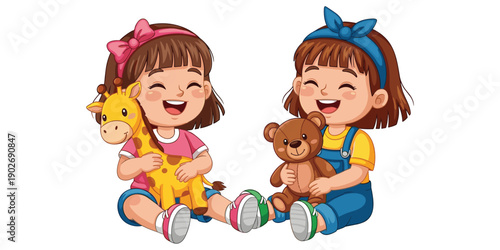 Two happy little girls playing with toys and teddy bear on floor