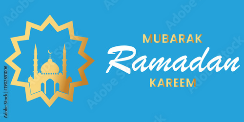 A Ramadan Kareem greeting card with a mosque and star design on a blue background