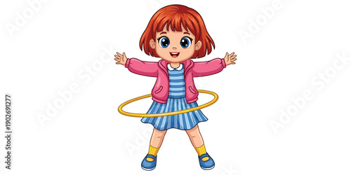 Cute redhead girl playing with hula hoop cartoon character isolated on white