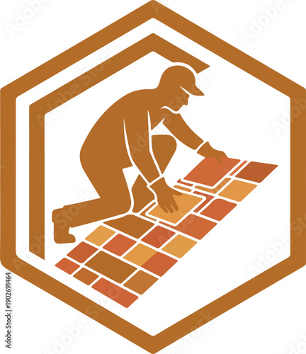 Professional tiler or paver laying pavement and flooring within a hexagon icon