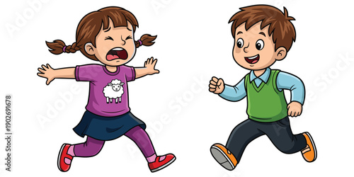 Cute cartoon kids running and laughing in playful chase vector illustration