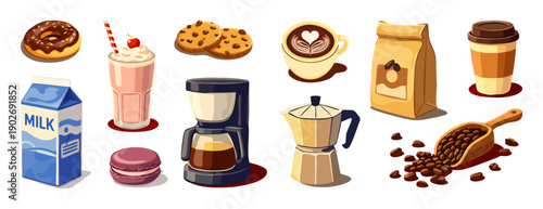 Vector set of coffee drinks, desserts and ingredients isolated on white. Latte, cappuccino, milkshake, cookies, donut, coffee machines in colorful flat style for cafe menus, packaging and branding.